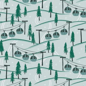 May include: A repeating pattern featuring teal ski gondolas, evergreen trees, and snowy hills on a light blue background. The design includes white ski tracks and small white snowflakes, creating a winter theme.