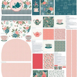 May include: A set of fabric patterns for crafting projects featuring a floral theme with teacups, teapots, and the text "Afternoon Tea". The patterns include a tea cozy, tea wallet, mug rug, coasters, and appliques.