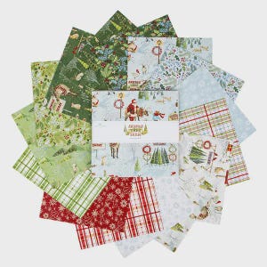 May include: A collection of Christmas-themed fabric squares arranged in a circular pattern. The fabrics feature various holiday designs, including Santa Claus, reindeer, Christmas trees, and plaid patterns. The color palette includes green, red, white, and light blue.