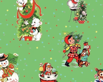 Jingle Bells Main Green- C14830- Riley Blake Designs- Christmas Nostalgic- Vintage- Snowman- Bears- Tree- Presents- Quilting Cotton Fabric