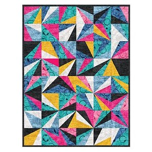 May include: Abstract geometric rug with a black background and a pattern of triangles in shades of blue, teal, pink, yellow, and white.