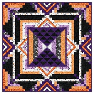 May include: Square quilt with a geometric design in black, white, orange, and purple. The quilt features a central square with a diamond pattern, surrounded by concentric rectangles and triangles. The border has a repeating pattern of orange and black blocks.