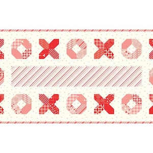 May include: A white fabric with red and pink patchwork squares arranged in a pattern of Xs and Os. The fabric has a white background with small red dots.