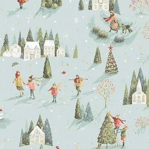 May include: A blue and white winter scene with houses, trees, and people ice skating. The scene is covered in snow and there are snowflakes falling from the sky.