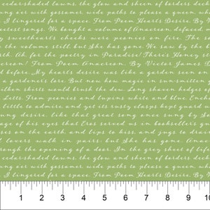 May include: A green fabric with white text. The text reads "cedar-shaded lawns, the glow and sheen of borders deck... I lingered for a space. From Poem Hearts Desire, By Y..."