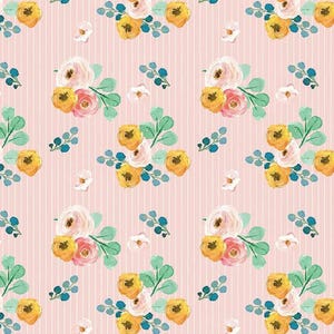 May include: A seamless pattern featuring pink and yellow watercolor flowers on a pink and white striped background.