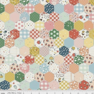 May include: A patchwork fabric with a repeating hexagonal pattern. Each hexagon features a different design, including polka dots, gingham, floral prints, and stars. The color palette includes pastel shades of pink, yellow, green, and blue, with a white background.