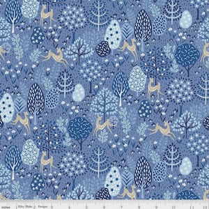 May include: A fabric with a forest scene in shades of blue. The design features stylized trees, flowers, and deer. The fabric is printed with a repeating pattern. The text "Riley Blake Designs" is visible at the bottom.