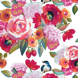 May include: A white background with a colorful floral pattern. The flowers are pink, red, orange, and yellow. There are also green leaves and a small blue bird.