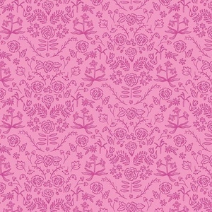 May include: A seamless pattern featuring a pink background with a repeating design of pink floral illustrations. The pattern includes various floral shapes, including roses, leaves, and stems.