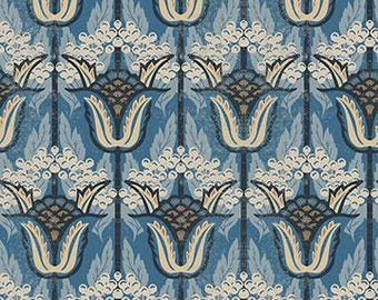 May include: Blue fabric with a repeating pattern of stylized white flowers and orange and blue tulip-like shapes. The fabric has a textured, distressed look.
