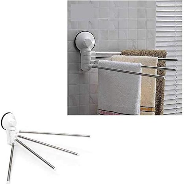 Adjustable Towel Rail with 4 Rails for Bathroom, Wall Mounted Stainless Steel Suction Cup Rotating Towel Rail for Kitchen Plastic