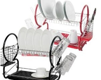 2 Tier Dish Drainer Rack  with Drip Tray With Cutlery and Glass Holder Easy & Convenient Storage For Dishes,