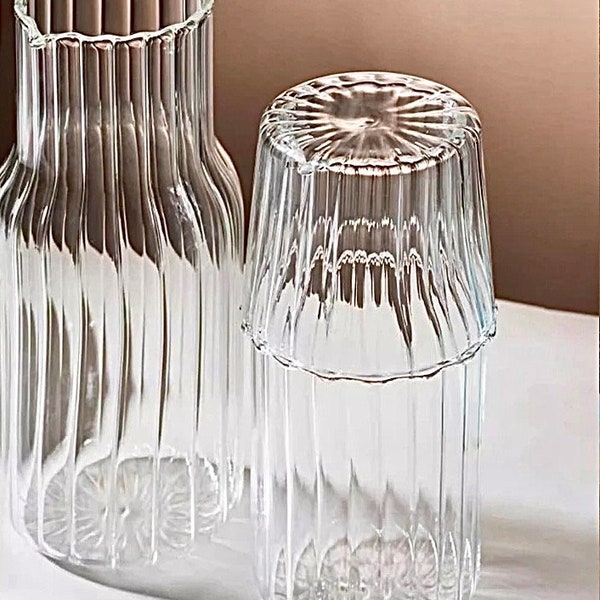 Rippled Bedside Carafe, Retro Water Carafe and Glass Tumbler, 2-Piece Carafe Set, 470ml, 16 oz