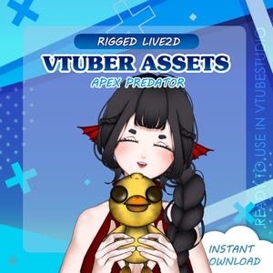 May include: A digital illustration of a female anime character with long black hair, wearing a red dress and holding a yellow duck. The text "RIGGED LIVE2D VTUBER ASSETS APEX PREDATOR" is displayed above the character. The text "READY TO USE IN VTUBESTUDIO INSTANT DOWNLOAD" is displayed in the lower right corner of the image.
