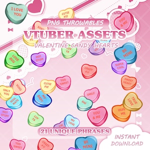 May include: A set of 21 Valentine's Day themed candy heart graphics featuring phrases such as "I Love You", "Soul Mate", "Cutie Pie", "Crazy 4 U", and "Be Mine". The graphics are in the style of traditional candy hearts and are ideal for use in digital projects.