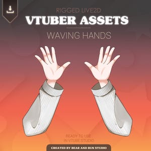 Puede incluir: Un par de brazos animados con mangas blancas y manos que saludan, diseñados para usar en VTuber Studio. El texto "RIGGED LIVE2D VTUBER ASSETS WAVING HANDS" está en la parte superior de la imagen. El texto "READY TO USE IN VTUBE STUDIO" está en la parte inferior de la imagen. El texto "CREATED BY BEAR AND BUN STUDIO" está en la parte inferior de la imagen.
