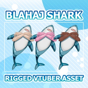 May include: Three blue shark characters with different coloured arms crossed in front of them. The text "BLAHAJ SHARK" is at the top of the image and "RIGGED VTUBER ASSET" is at the bottom.