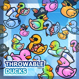 May include: A colorful illustration of rubber ducks with various designs and patterns. The ducks are wearing hats, sunglasses, and other accessories. The text "THROWABLE DUCKS" is written in large, bold letters at the bottom of the image.