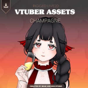 Puede incluir: Una ilustración digital de un personaje femenino de anime con cabello negro y ojos rojos. Lleva un vestido rojo con una superposición de encaje blanco y un collar de perlas. Está sosteniendo una copa de champán. El texto "RIGGED LIVE2D VTUBER ASSETS CHAMPAGNE" está en la parte superior de la imagen. El texto "CREATED BY BEAR AND BUN STUDIO" está en la parte inferior de la imagen.