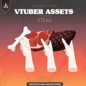 以下が含まれることがあります： VTuberアセットのイラスト。骨と2つのステーキカットが描かれています。「VTUBER ASSETS」と「STEAK」の文字は白で表示されています。画像はオレンジと茶色のグラデーションの背景です。