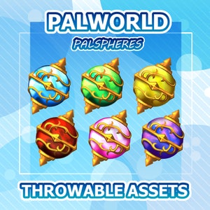 Peut inclure: Six objets sphériques colorés et ornés, avec des accents dorés et un motif en forme d'étoile. Les objets sont étiquetés "Palworld Palspheres Throwable Assets".