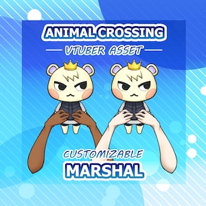 May include: A customizable Animal Crossing VTuber asset featuring Marshal, a white bear with a crown, wearing a blue vest. The asset is shown with two different colored arms, one brown and one white.