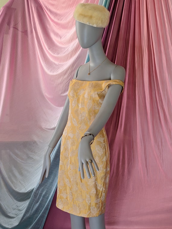 1962 Silk Brocade Yellow Cocktail Dress - image 3