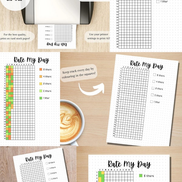 Rate My Day | A5 Journal Page | Printable Tracker | Daily Tracker | Daily Mood Tracker | Year In Pixels | Monthly Tracker | Daily Rating Log