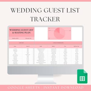 Peut inclure: Un écran d'ordinateur affichant une feuille de calcul Google Sheet avec un thème de couleur rose et blanc. La feuille de calcul est intitulée "Wedding Guest List Tracker" et comprend des colonnes pour le nom de l'invité, l'invité de, l'e-mail, l'adresse, la ville et le code postal. La feuille de calcul comprend également un diagramme circulaire.