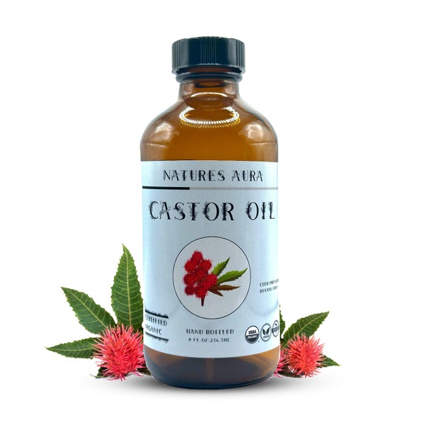 Natures Aura Organic Castor Oil - (Glass) Cold Pressed, Hexane Free, USDA Approved, W/ Free Mascara Wands