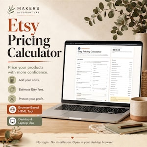 Op de afbeelding: Een laptop met de Makers Blueprint Lab Etsy Pricing Calculator, een browsergebaseerde HTML-tool. Het scherm toont invoervelden voor kosten en vergoedingen, met resultaten aan de rechterkant. Tekst: 'Price your products with more confidence.'