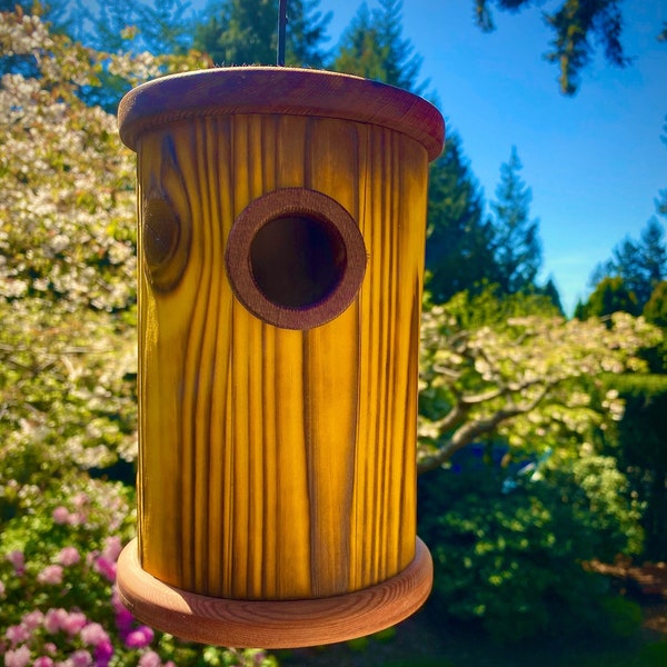 Unique, handmade birdhouses adding vibrant colours to your garden decor. Ideal for songbirds such as chickadee, nuthatch, swallow and wren.