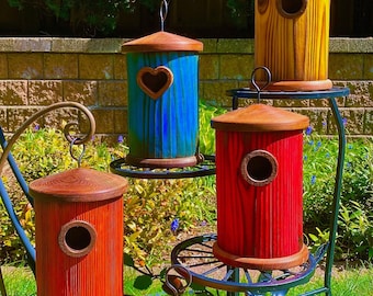 Handmade Colorful Birdhouse: Shou Sugi Ban Knotty Pine, Cedar Roof