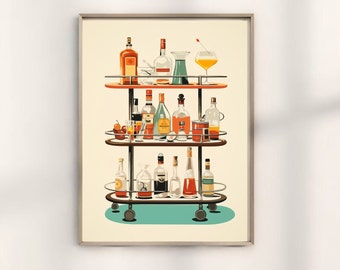 Peut inclure: Un chariot de bar de style vintage à trois étagères, rempli de diverses bouteilles d'alcool et de mélanges. Le chariot est sur roulettes et a un fond bleu sarcelle.