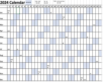 Op de afbeelding: Een kalender voor 2024 met een raster van dagen, gelabeld met de maanden van het jaar. Elke dag is blauw gearceerd om feestdagen in Canada en de Verenigde Staten aan te geven. De kalender merkt op dat sommige Canadese provincies zijn uitgesloten van de feestdagen.