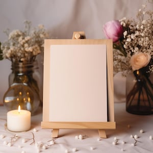 Lege sjabloon op ezel, mockup huwelijksuitnodiging, mockup begrafenisprogramma, weergave evenementkaart, digitale download