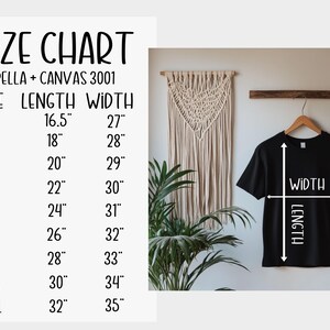 Digital Size Chart Printable, Bella Canvas 3001 Shirt Sizes, Modern Sizing Guide, Instant Download, Wall Art Display. tshirt size chart