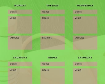 May include: A green and brown printable workout planner with the text "WORKOUT Planner" in black. The planner is divided into days of the week with sections for goals, meals, and exercise.