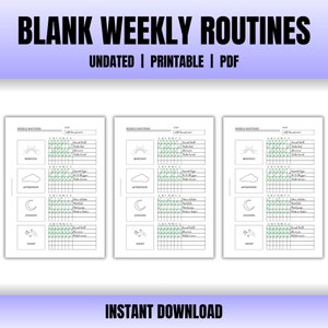 Peut inclure: Trois pages de planificateur de routine hebdomadaire imprimables avec des sections pour le matin, l'après-midi, le soir et la nuit. Chaque section a une icône simple et une grille pour suivre les habitudes ou les tâches.