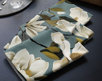 Magnolia Elegance: White Floral Cloth Napkins Set with Bronze Accents (Set of 4)