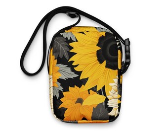 Vibrante bolso cruzado utilitario con girasoles inspirado en Marimekko: resistente al agua, resistente e ideal para uso diario o aventuras al aire libre