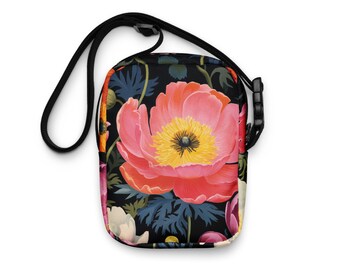 Impresionante bolso cruzado utilitario con peonías vibrantes inspirado en Marimekko: resistente al agua, duradero y perfecto para aventuras al aire libre con estilo
