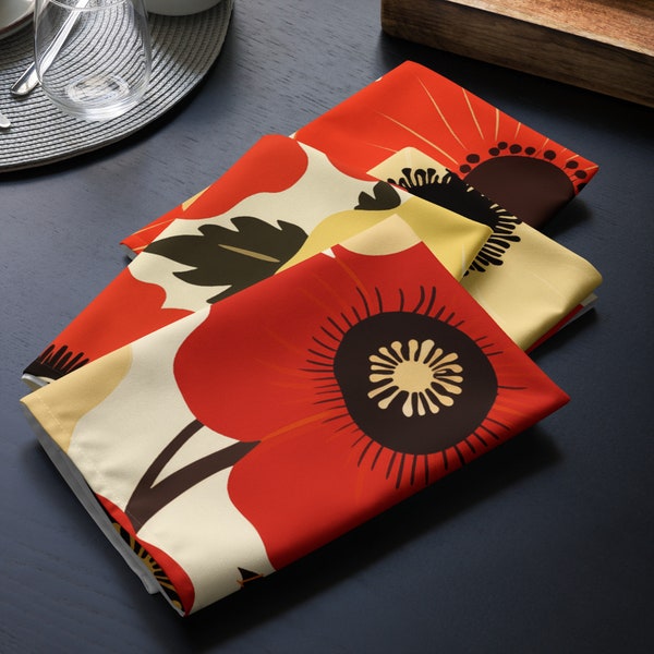 Marimekko Inspired Butter Yellow and Red Poppies Cloth Napkins - Set of 4, Bright Floral Dining Decor, Cheerful Table Linens