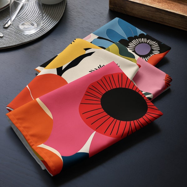 Vivid Marimekko Inspired Bright Colored Poppies Print Napkins - Set of 4, Colorful Floral Table Linens, Eye-Catching Dining Decor