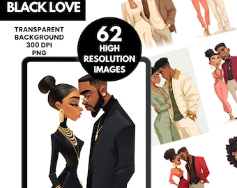 Amor negro elevado / Ilustraciones de parejas / Paquete de imágenes prediseñadas de amor / Arte de moda y romance moderno / Descarga digital