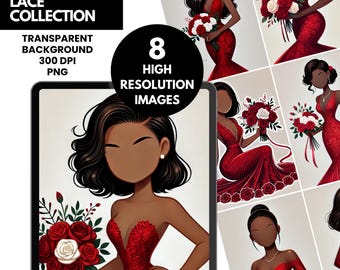 Paquete de imágenes prediseñadas de glamour de encaje rojo / Mujer afroamericana con vestido rojo / Imágenes PNG elegantes para San Valentín o bodas / Conjunto de ilustraciones de moda sin rostro