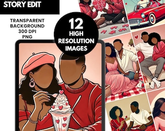 Edición de historia de amor / Clipart de pareja afroamericana / Imágenes PNG románticas de San Valentín / Arte de amor afroamericano / Ilustraciones estéticas de pareja