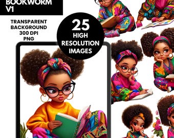 Paquete de imágenes prediseñadas de chica negra ratón de biblioteca / 25 ilustraciones de lectura acogedoras / Chica afro con volumen / Descarga digital / PNG para calcomanías, diarios y arte mural