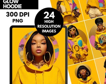 Sudadera con capucha Honey Glow de alta costura / Paquete de imágenes de ropa urbana de lujo / 24 imágenes de alta resolución / Mujer negra elegante PNG / Descarga digital
